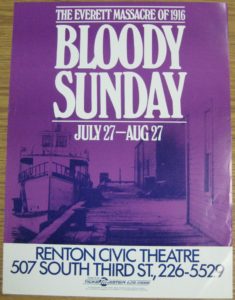 Mostly purple colored poster for Bloody Sunday: The Everett Massacre of 1916 at the Renton Civic Theatre