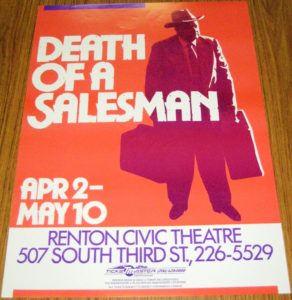 Mostly orange color poster with a man standing in a suit with luggage, advertising Death of a Salesman at the Renton Civic Theatre
