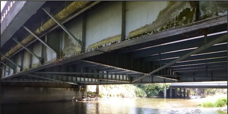 Image of the bottom and underneath section of Bronson bridge showing algae and other debris