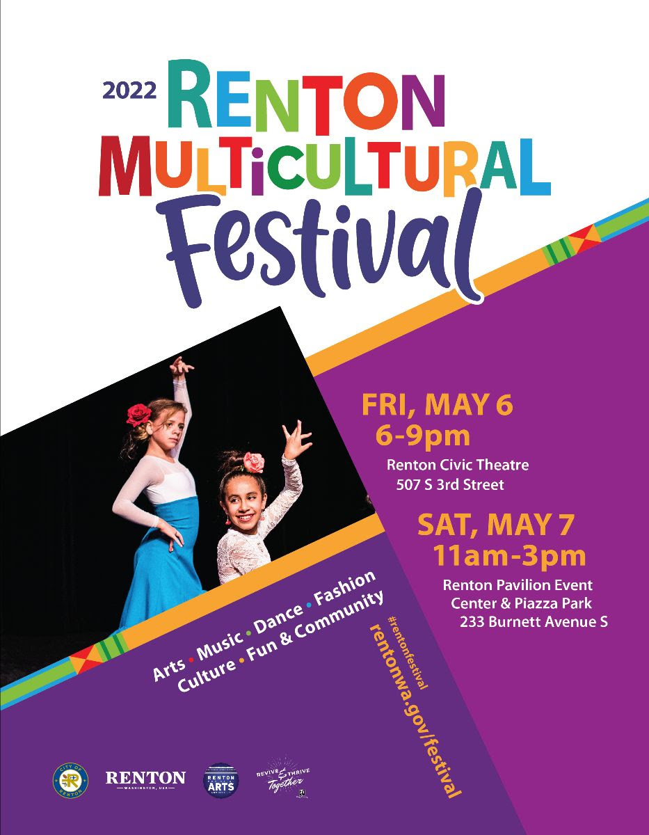 Poster advertising the Renton Multicultural Festival featuring two girls dancing in traditional dresses