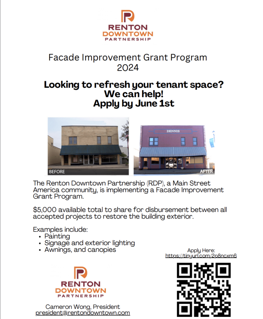 Flyer explaining the Facade Improvement Grant Program featuring a before and after example