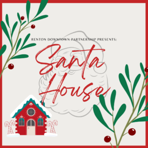 Santa House graphic with cartoon santa, mistletoe, and a holiday house