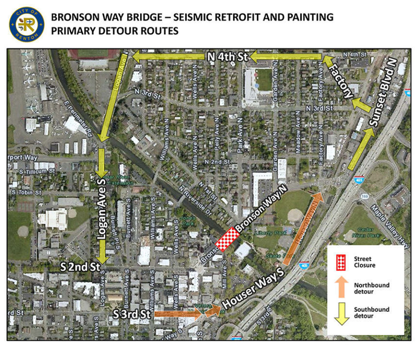 Satellite image of north and downtown Renton with a southbound detour path from Bronson Way N, right on Factory, left on N 4th St, and left on Logan Ave S to S 2nd St. A northbound detour route directs from S 3rd St to Houser Way S to Bronson Way N.